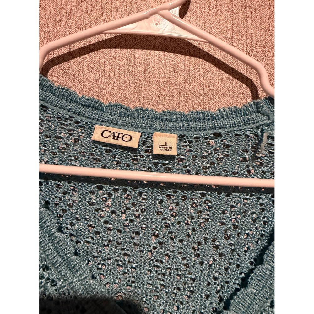 Cato Womens Teal Pointelle Knit Single Button Cardigan Sweater Size S 3/4 Sleeve - Picture 3 of 4